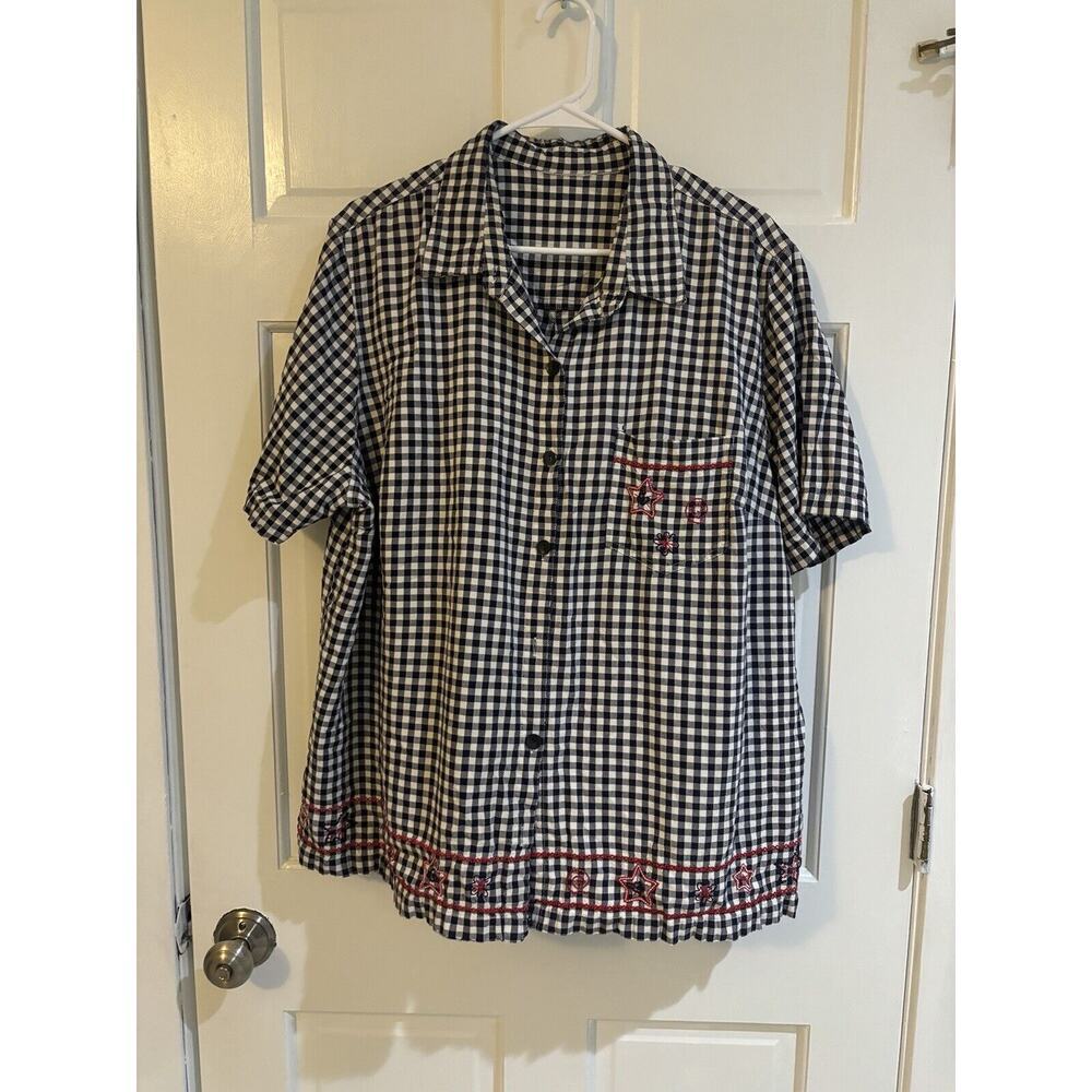 Vintage Women's Gingham Embroidered Button Down 4th Of July Shirt Size XL